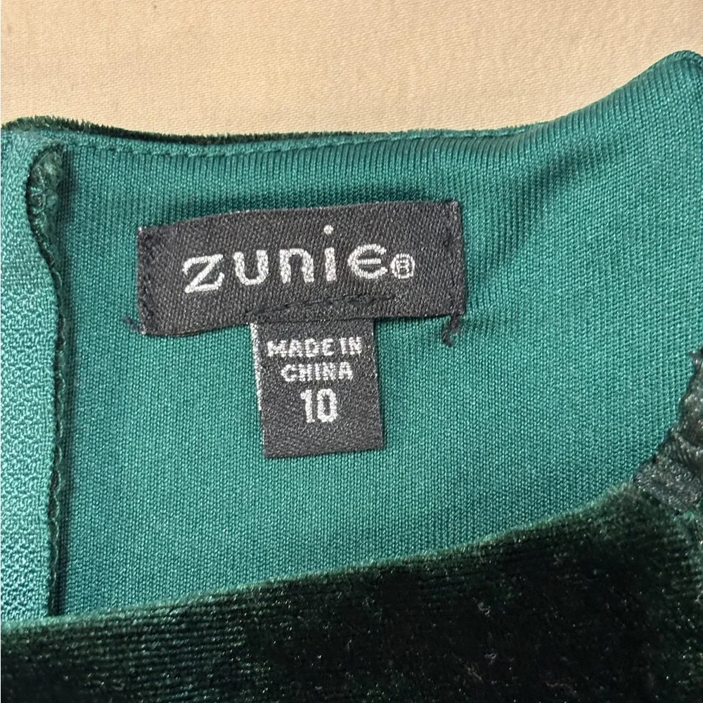 Zunie Dark Emerald Green Velvet Girls Dress with Sheer Puff Sleeves Size 10